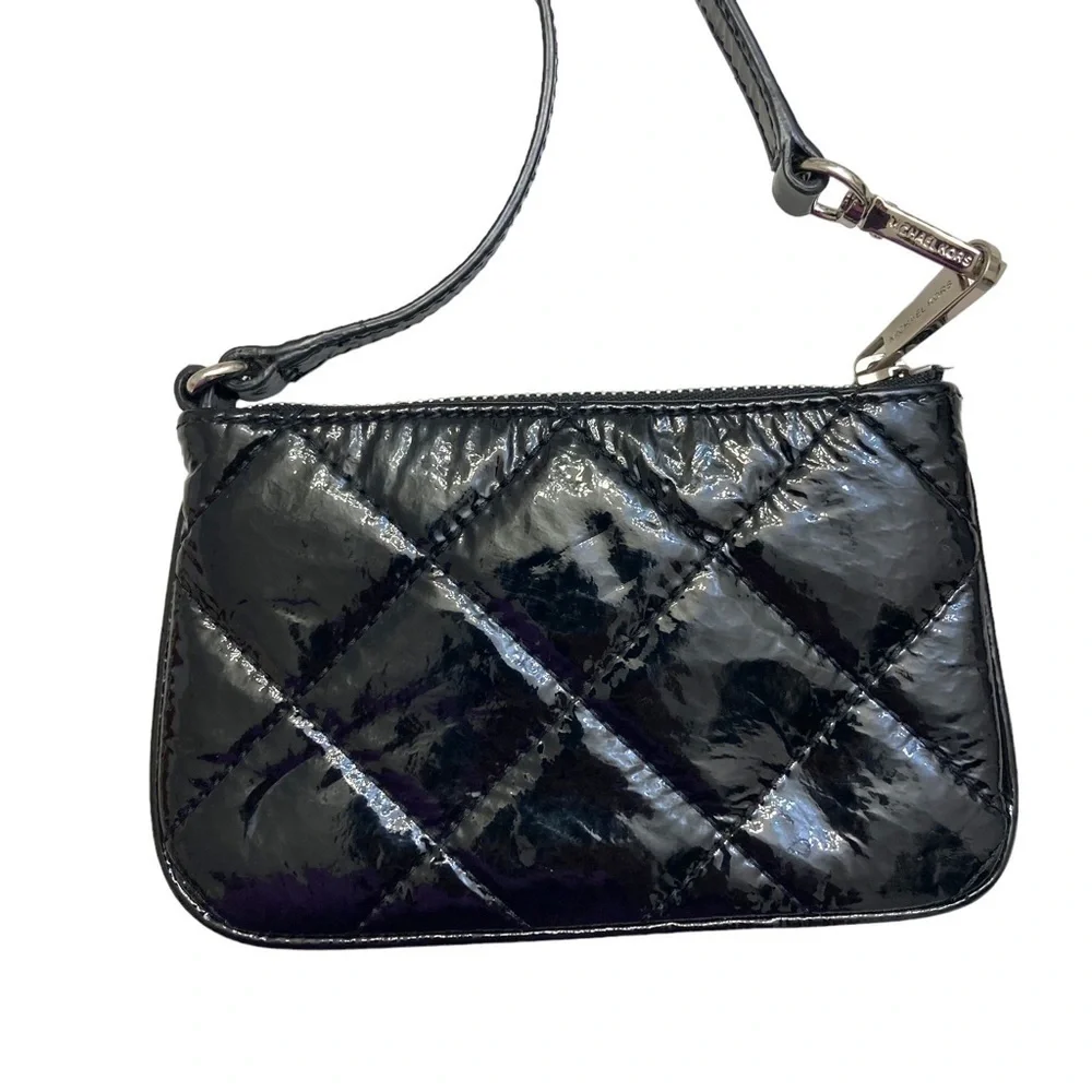 Michael Kors black patent quilted leather wristlet mini bag